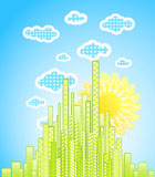 Vector+illustration+of+a+modern+cityscape+with+funky+patterned+buildings%2C+clouds+and+abstract+sun.