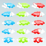 Vector+illustration+of+fifteen+cloudy+peeling+effect+business+retail+stickers+with+sale+theme+slogans.