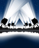 Vector+illustration+of+an+urban+cityscape+and+skyline+with+sea+bay+and+spotlights+in+the+sky.+Night+sky+with+stars.