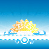 Vector+illustration+of+a+multi+layered+sunny+summer+background+design.+Empty+striped+frame+for+custom+text%2C+funky+floral+sun%2C+water+wave+splashes+and+retro+clouds.