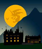 Castle+silhouette+in+mountains+against+the+full+moon.+Halloween.