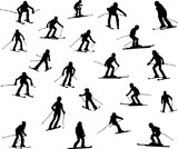 Twenty+one+silhouette+of+skiers.+Downhill+racing%2C+a+snowboard%2C+children+and+teenagers+in+movement.+