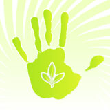 Vector+illustration+of+a+green+ecology+design+handprint+with+swirly+background+and+leaf+icon.