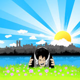 Vector+illustration+of+a+crazy+face+listening+to+music+on+speakers+and+headphones+and+relaxing+in+a+beautiful+floral+meadow+with+a+stylized+urban+cityscape+sunny+background.