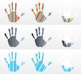 Vector+illustration+of+various+handprints+with+striped+abstract+textures.+Rainbow%2C+black+and+business+blue.