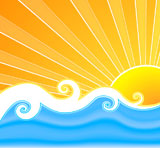 Vector+illustration+of+a+swirly+retro+summer+background+with+beautiful+sun+rays%2C+curly+mesh+water+and+wavy+design+in+the+middle.