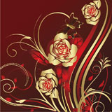 Gold+roses+on+a+red+background+with+flying+around+the+butterfly