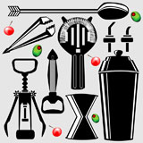 Bartending+Tools+in+Vector+silhouette+-+corkscrew%2C+shaker%2C+strainer%2C+bottle+opener%2C+stirrer%2C+olive%2C+and+cherry