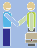 Stylized+picture+-+handshake%2C+agreement.+Two+funny+people+shaking+hands.+Blue+background%2C+colorful+vector+illustration.