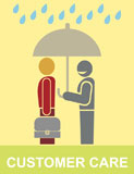 A+worker+holds+an+umbrella+over+the+client+-+customer+service+icon.+Vector+stylized+color+illustration.+