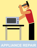 Smiling+man+knocking+hammer+on+microwave+ovens+-+stylized+color+illustration.+Funny+vector+icon.+