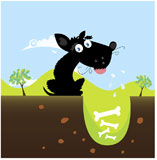 Cute+black+dog+in+nature+with+bones+in+hole.+Vector+illustration.