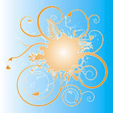 Spray+of+floral+elements+in+orange+over+a+blue+gradient+background