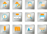 A+collection+of+twelve+buttons+in+orange+and+blue+with+a+silver+background+for+use+on+websites