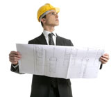 Architect+executive+business+people+with+plans+with+hard+hat