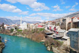 Famous+touristic+place+Mostar+viewed+from+The+Old+Bridge.+