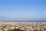 Barcelona+skyline+horizon+high+view+with+sea+from+up+Tibidabo+mountain++++