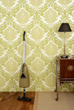 Retro+vacuum+cleaner+vintage+sixties+room+green+wallpaper