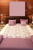 purple+bedroom+bed+warm+wood+sunblind+background