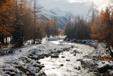 Mountain+river+in+late+fall+covered+by+the+first+snow.+Italian+Alps.