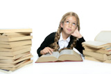 little+thinking+student+blond+braided+girl+with+glasses+smiling+stacked+books+on+white+background