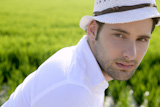 Mediterranean+man+portrait+white+hat+in+green+meadow+rice+field