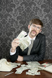 businessman+nerd+accountant+dollar+notes+on+vintage+wallpaper+office
