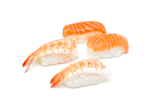 A+delicious+piece+of+prawn+and+salmon+nigiri+isolated+on+white
