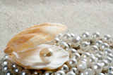 Caribbean+pearl+inside+clam+shell+over+white+sand+beach