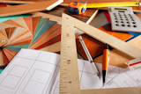 Architect+interior+designer+or+carpenter+workplace+with+desk+design+tools