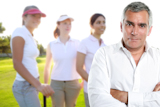 Golf+senior+golfer+man+portrait+in+green+course+outdoor+young+three+women+background