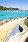 Andratx+port+view+from+colorful+tiles+mosaic+bench+seat+in+Mallorca