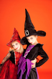 Halloween+sister+kid+girls+on+orange+background