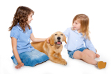 kid+girls+with+Golden+retriever+puppy+isolated+on+white+background