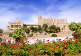 Majorca+Cathedral+and+Almudaina+from+red+flowers+garden+of++Palma+de+Mallorca
