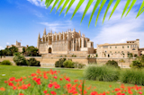 Majorca+Cathedral+and+Almudaina+from+red+flowers+garden+of++Palma+de+Mallorca