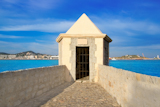 Ibiza+watchtower+with+Eivissa+port+view+in+Balearic+islands