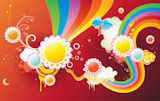 Vector+illustration+of+funky+styled+design+background+made+of+sun+shapes%2C+rainbow+shapes+and+floral+elements