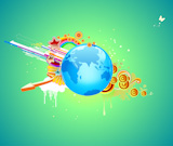 Vector+illustration+of+funky+abstract+background+with+globe%2C+flowers%2C+arrows+and+circles
