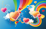 Vector+illustration+of+funky+styled+design+background+made+of+heart+shapes%2C+rainbow+shapes+and+floral+elements