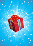 Vector+illustration+of+red+square+present+box+with+a+bow+and+ribbons+on+starry+blue+background
