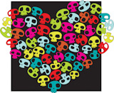 Heart+shape+made+of+small+colorful+funny+skulls+on+black+background.+Vector+illustration