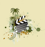 A+vector+illustration+of+decorative+background+with+palm+trees%2C+grunge+circles+and+movie+clapper+board