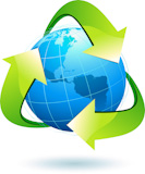 Vector+illustration+of+blue+Earth+with+green+recycle+symbol.