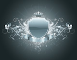 Vector+illustration+of+heraldic+shield+or+badge+with+banner%2C+crown+and+floral+elements+.+Blank%2C+so+you+can+add+your+own+images+or+text