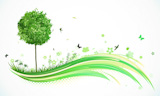Vector+illustration+of+green+abstract+lines+background+-+composition+of+curved+lines%2C+floral+elements+and+funky+tree.