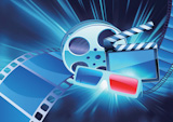 Vector+illustration+of+blue+abstract+cinema+background+with+anaglyph+glasses%2C+clapperboard+and+a+film+reel