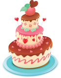 Vector+illustration+of+a+romantic+tiered+cake+decorated+with+flowers+and+funky+hearts