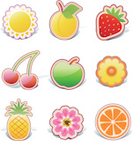 Vector+illustration+set+of+funky+fruity+design+elements+on+stickers
