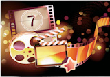 Vector+illustration+of+orange+abstract+cinema+background+with+clapperboard+and+a+film+reel